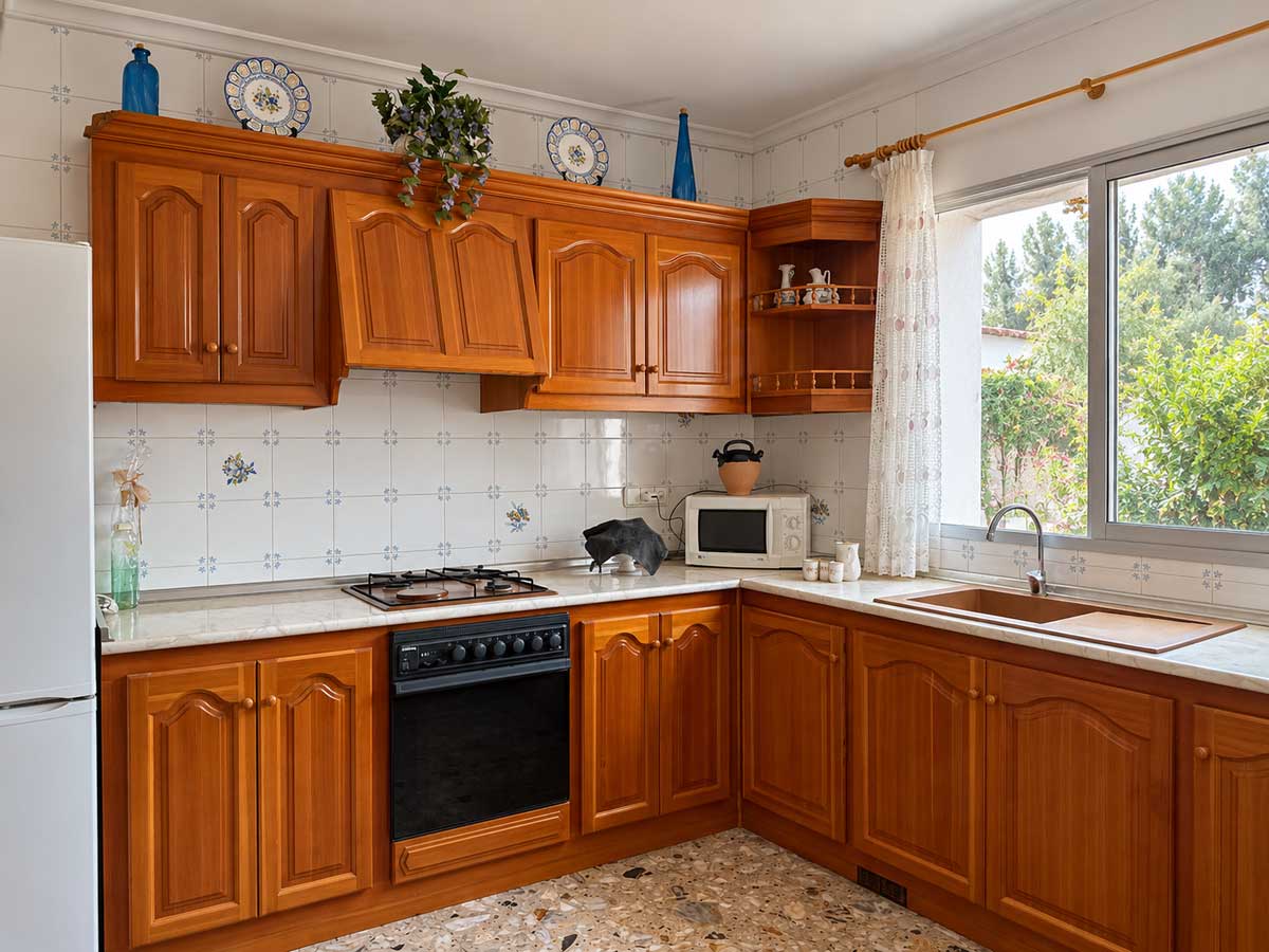 kitchen with window that opens to patio
